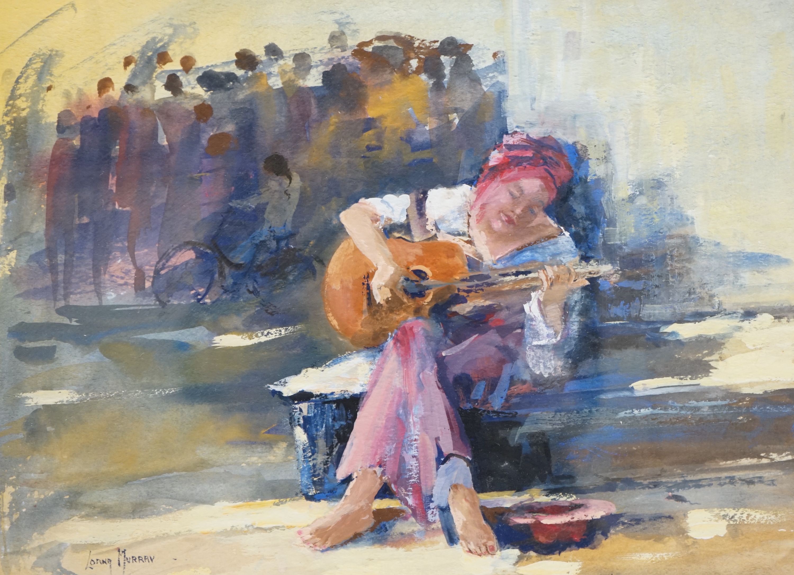 Lorna Murray, gouache on paper, Street musician, signed, 27 x 37cm